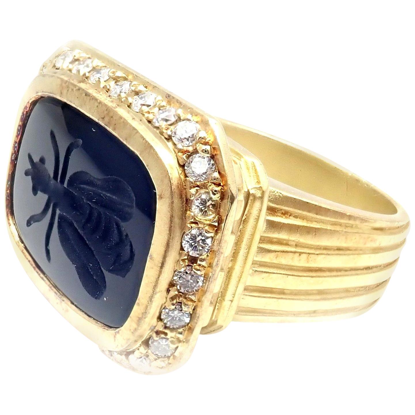 Seiden Gang Diamond Black Agate Intaglio Bug Yellow Gold Ring
