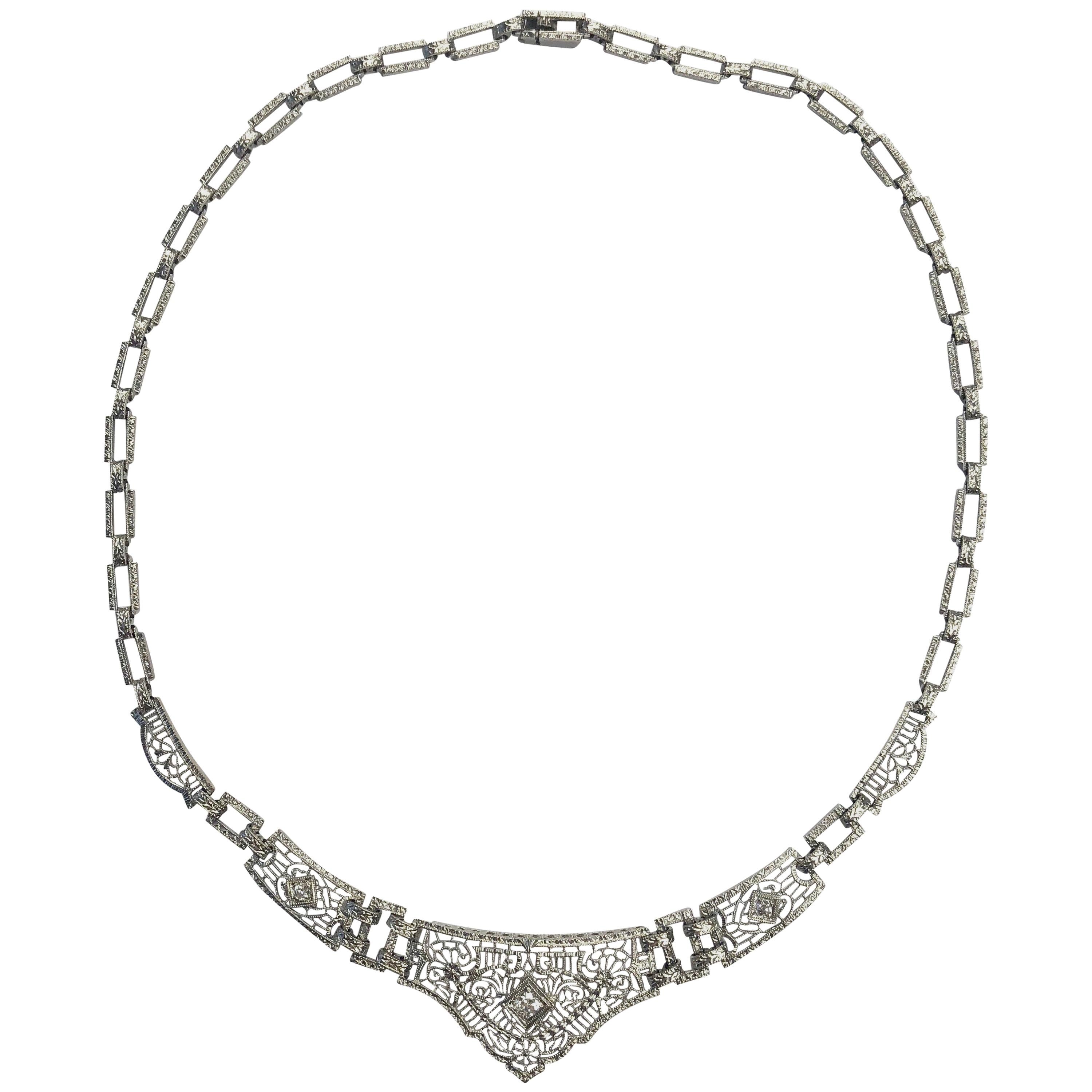 Art Deco Filigree Platinum and Gold Diamond Necklace