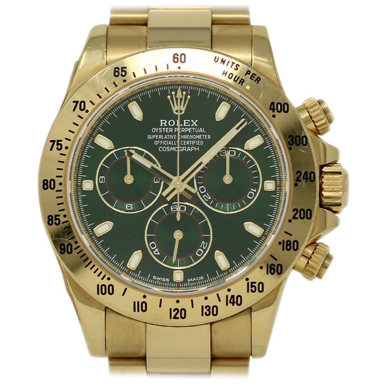 Rolex Daytona 116528 Gold Factory Green Dial 2018 Box/Paper/2 Year Warranty  at 1stDibs | green gold factory