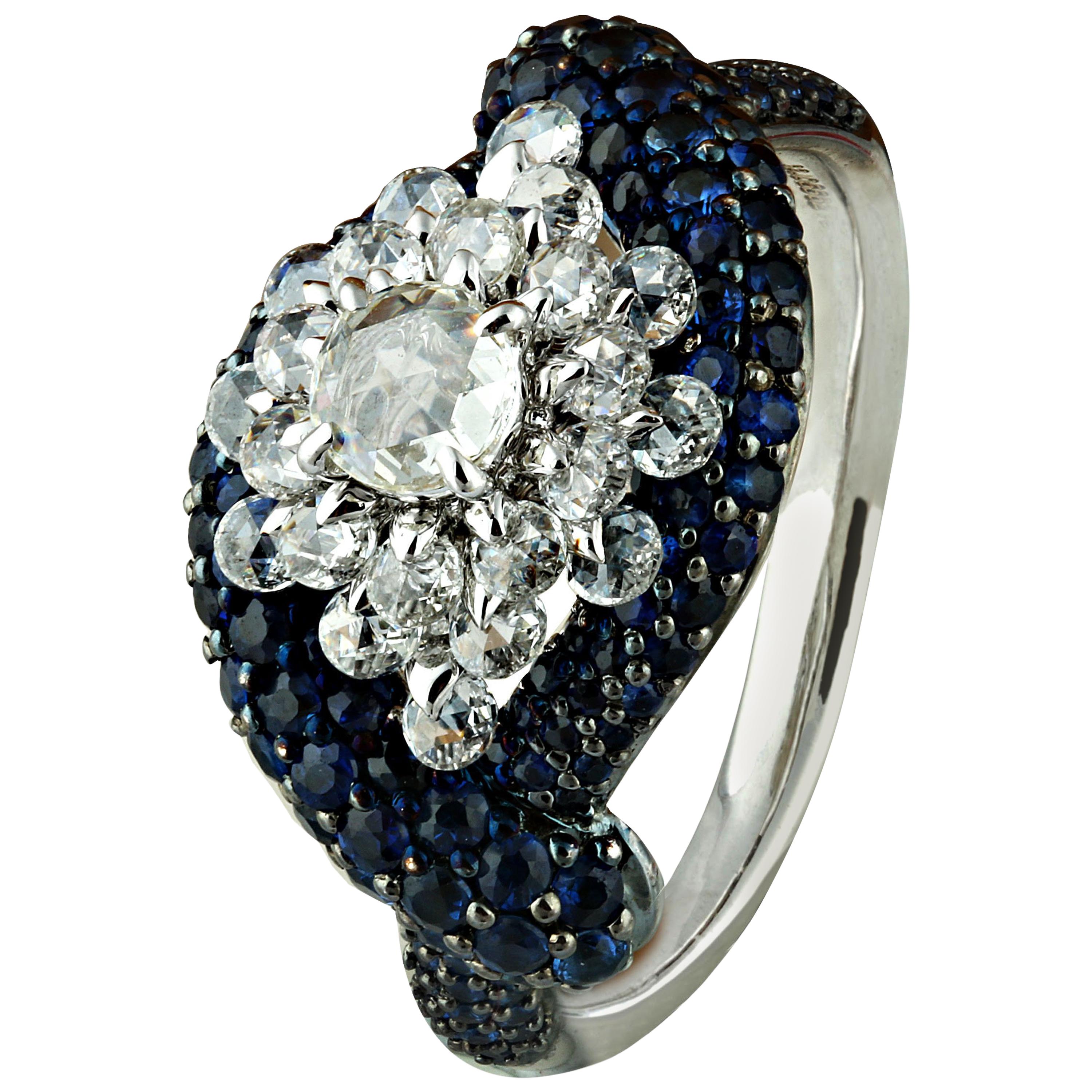 Studio Rêves 18 Karat Gold Rose Cut Diamonds and Blue Sapphire Cluster Ring im Angebot