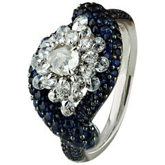 Studio Rêves 18 Karat Gold Rose Cut Diamonds and Blue Sapphire Cluster Ring