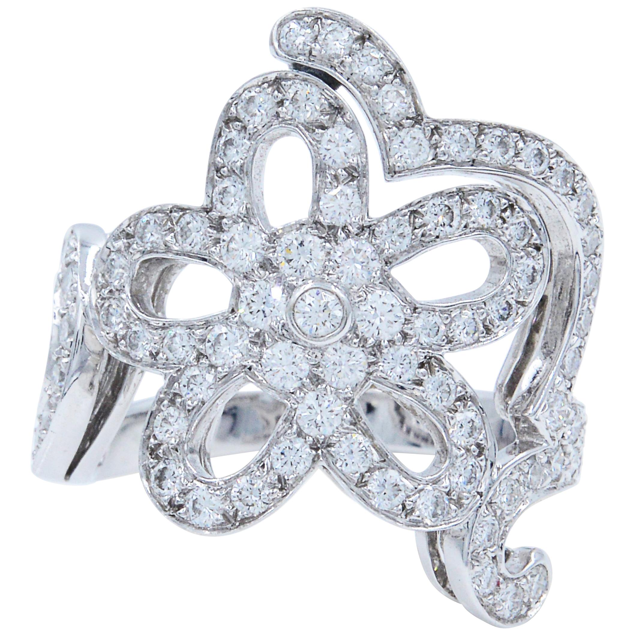 Van Cleef & Arpels 18 Karat White Gold Pave Diamond Floral Ring 1.56 Carat Size 