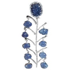 Set in 18 Karat White Gold, Carved Blue Sapphire Dangling Earrings with Diamonds