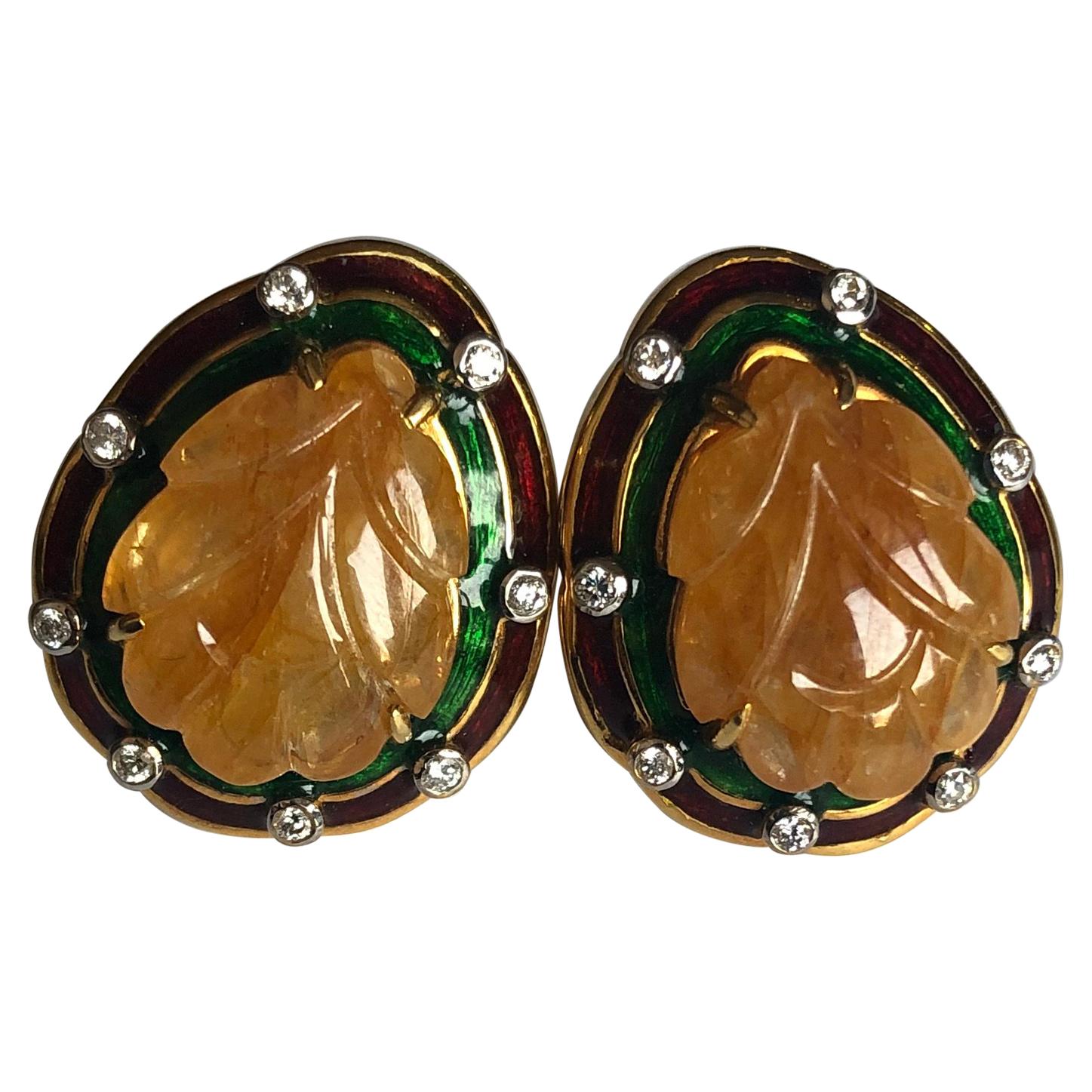 Set in 18 Karat Yellow Gold, Carved Sapphire and Enamel Studs with Diamonds