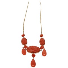 Rare Pendent Necklace in Gold with Carved Coral, 1980s