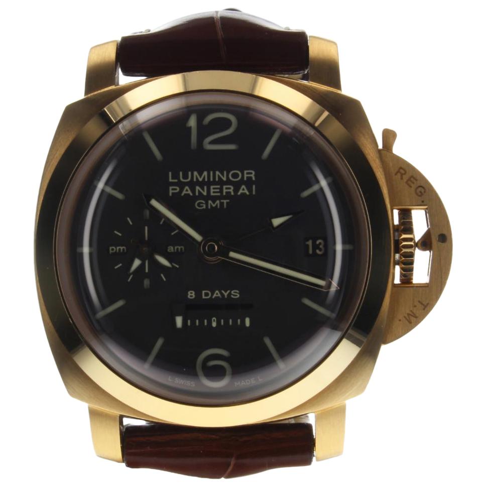 Panerai Luminor 1950 GMT 8 Days 18 Karat Rose Gold Brown Watch PAM00576 PAM 576 For Sale