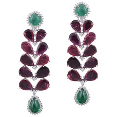 Set in 18 Karat Gold, Emerald and Tourmaline Chandelier Earrings with Diamonds