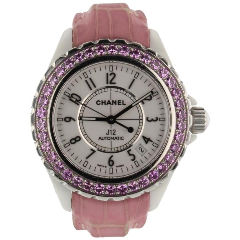 Chanel J12 Classic White Ceramic Pink Sapphire Bezel Ladies Watch H1337 Box  For Sale at 1stDibs
