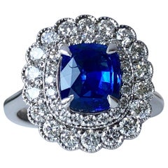 Ceylon Cushion Cut Blue Sapphire Unheated 2ct Certificated White Diamond Halo
