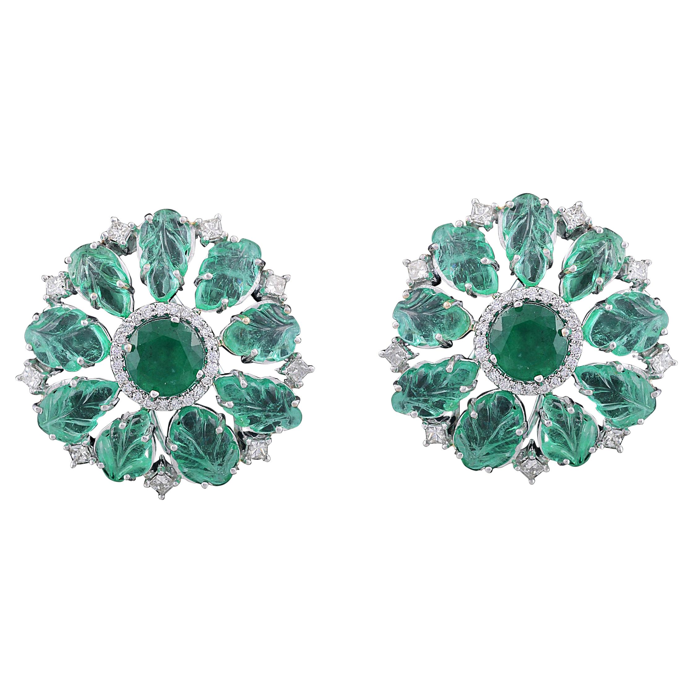 Set in 18 Karat White Gold, Cut and Carved Emerald Stud Earrings with Diamonds