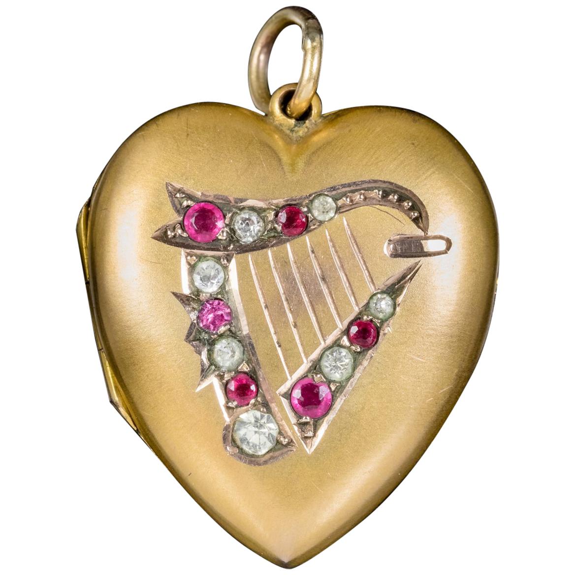 Antique Victorian Paste Lyre Heart Locket 9 Carat Gold Back and Front For Sale