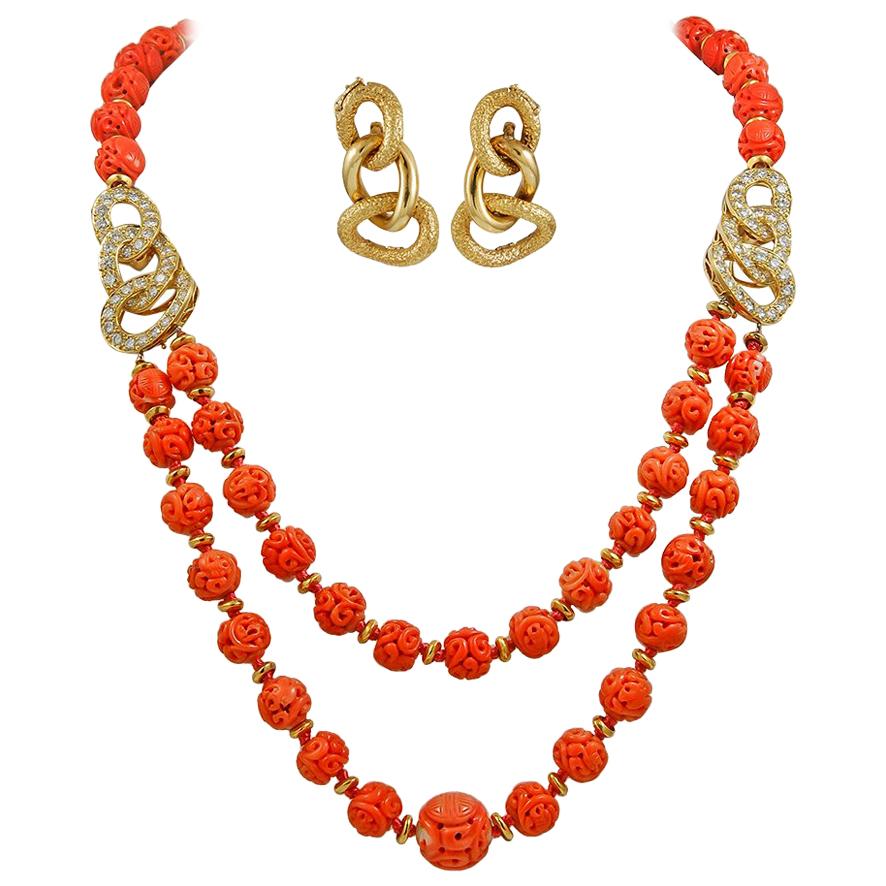 Van Cleef & Arpels Carved Coral Beads, Diamond Necklace and Earrings