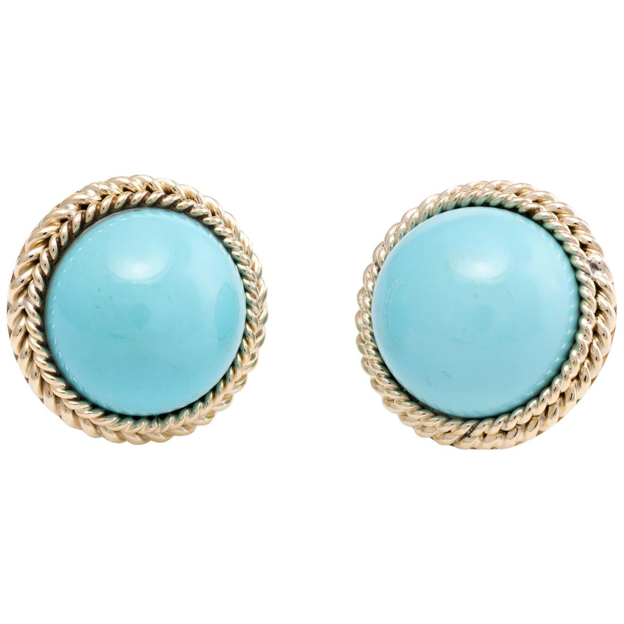 Egg Shell Blue Turquoise Round Clip Earrings Vintage 14 Karat Yellow Gold Estate