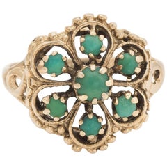 Vintage Turquoise Ring Flower 14 Karat Yellow Gold Estate Fine Jewelry Pre Owned