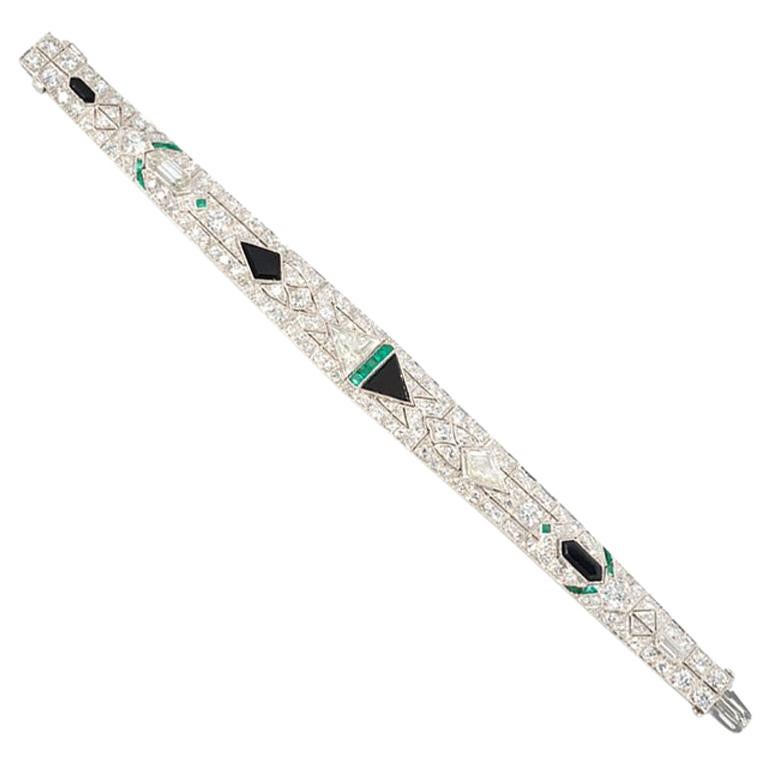 Art Deco Tapering Diamond Bracelet with Fancy Cut Onyx and Calibre Emeralds
