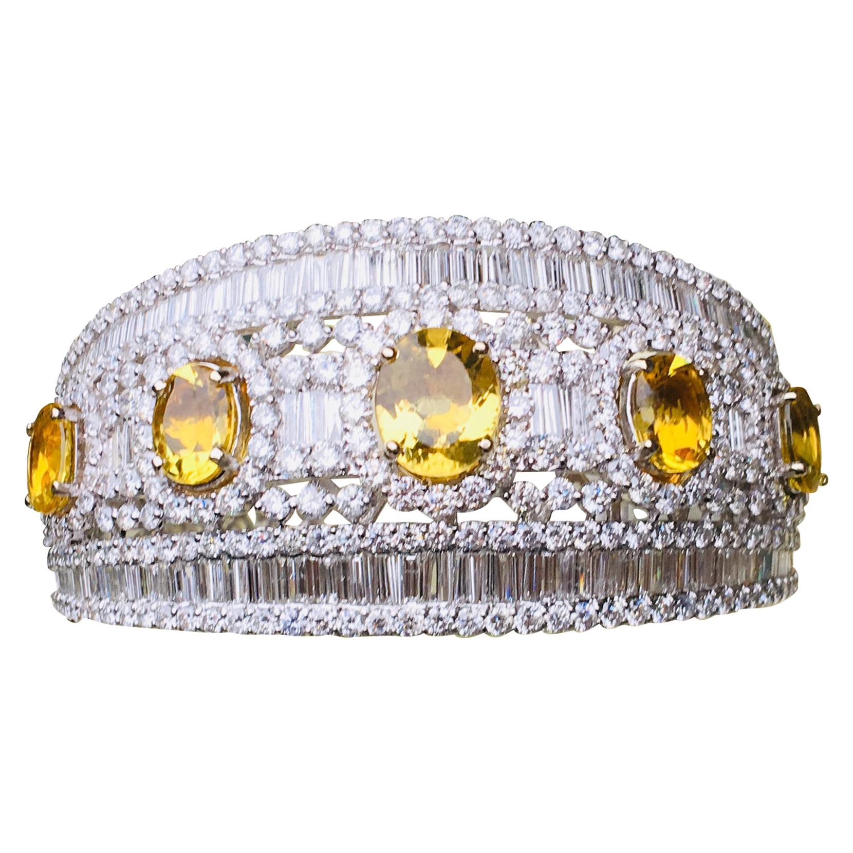 37 Carat Diamond and Yellow Topaz 18 Karat Hinged Bangle Bracelet
