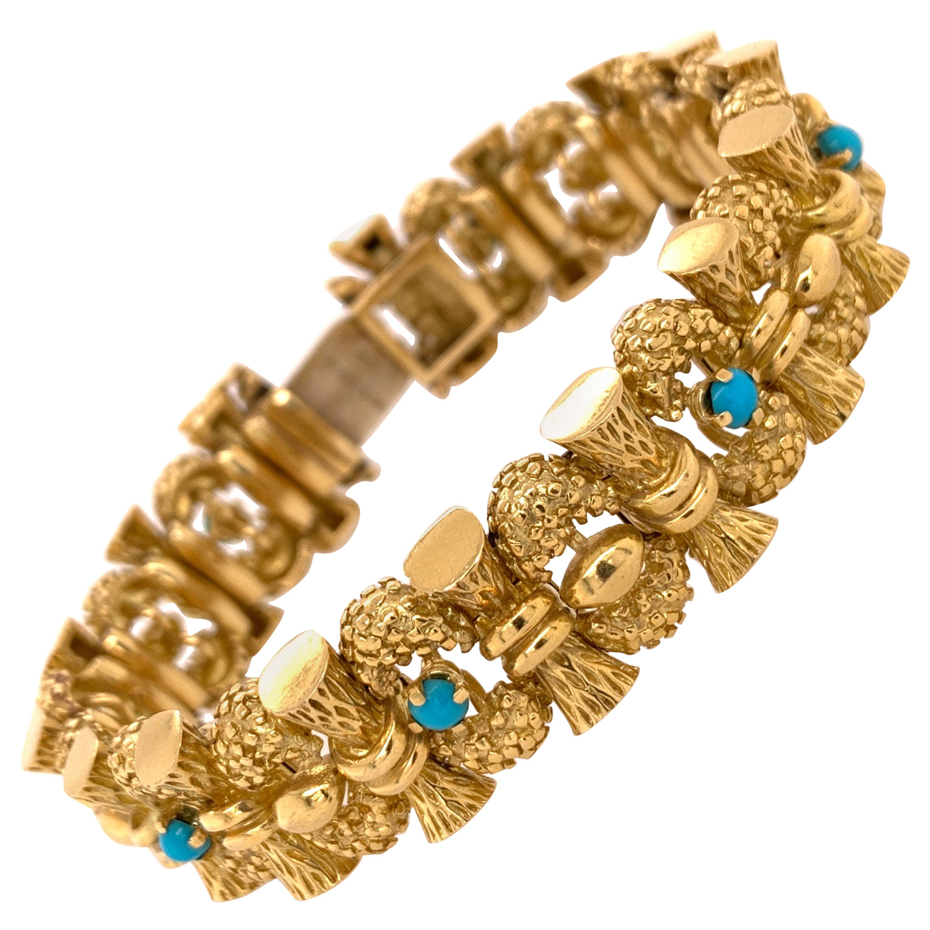 Retro Original Tiffany & Company Gelbgold- und Türkis-Armband aus Gelbgold, um 1960 im Angebot