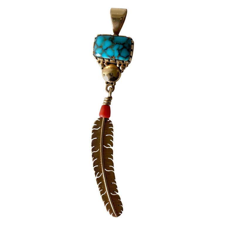 Boyd Tsosie 14 Karat Gold Turquoise Coral American Navajo Eagle Feather Pendant For Sale