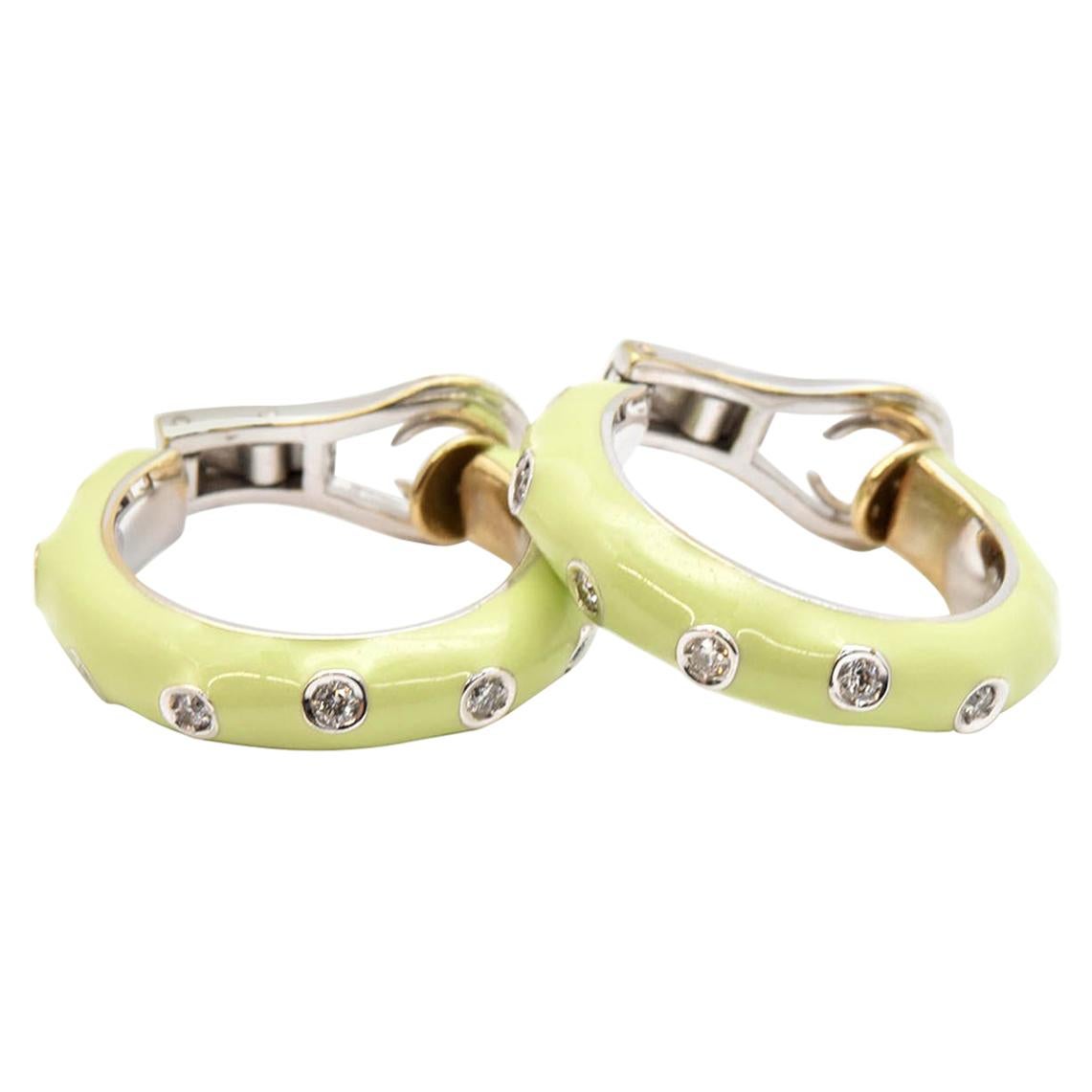 Andreoli 18 Karat White Gold, Diamond and Green Enamel Hoop Earrings