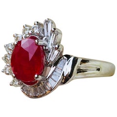 Elegant 1.6 Carat Red Ruby and 1 Carat Diamond Swirl 18 Karat White Gold Ring