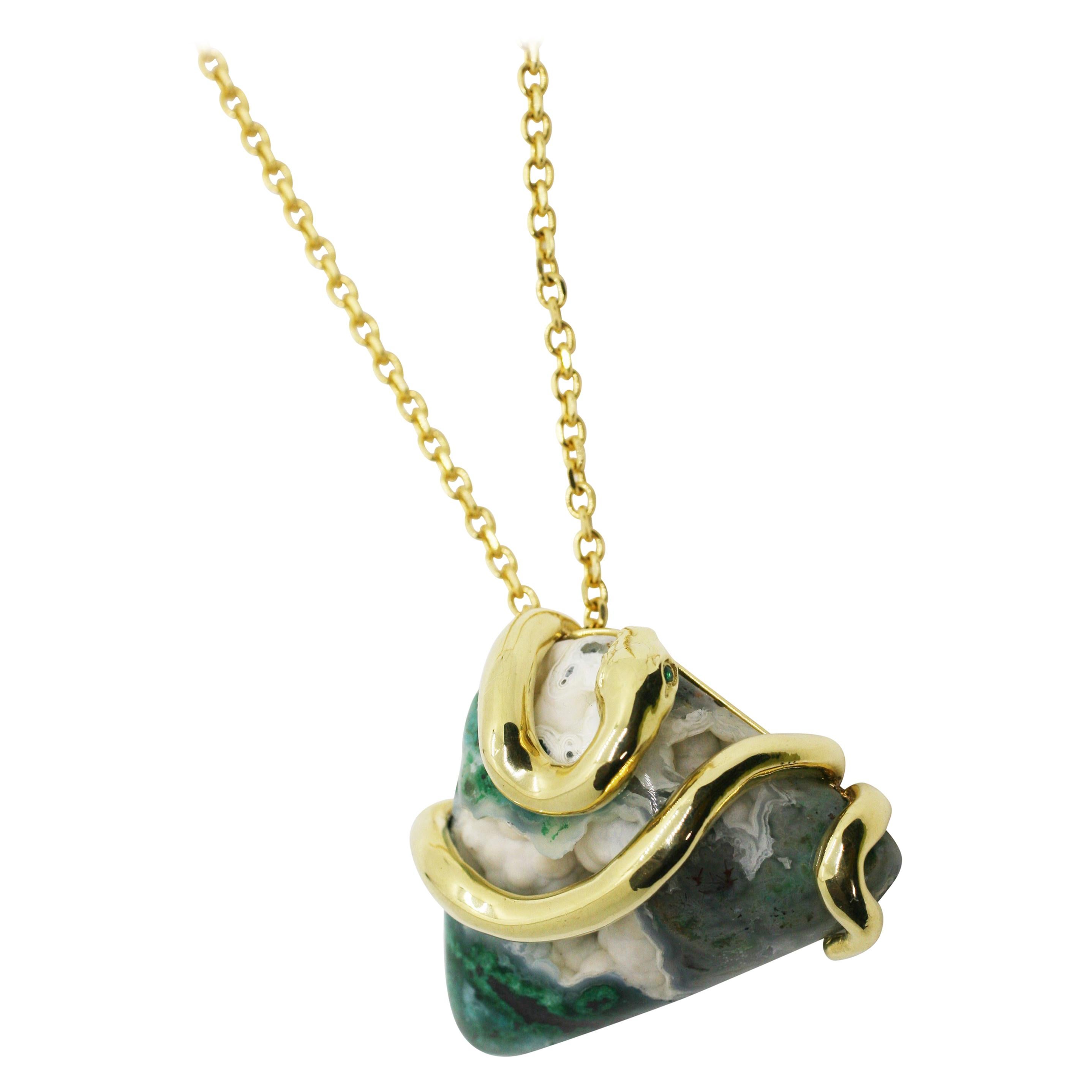  18 Karat One of A Kind LargeAustralian Chrysocolla Snake Pendant Chain Necklace For Sale