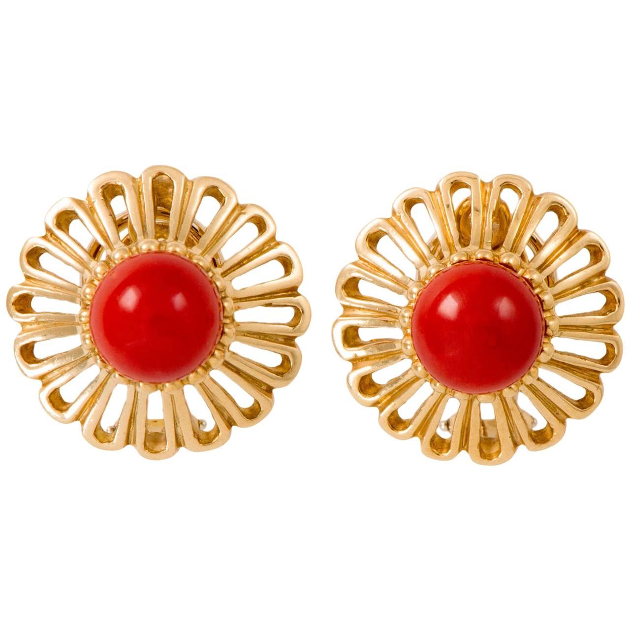 Van Cleef & Arpels Coral Gold Floral Earrings