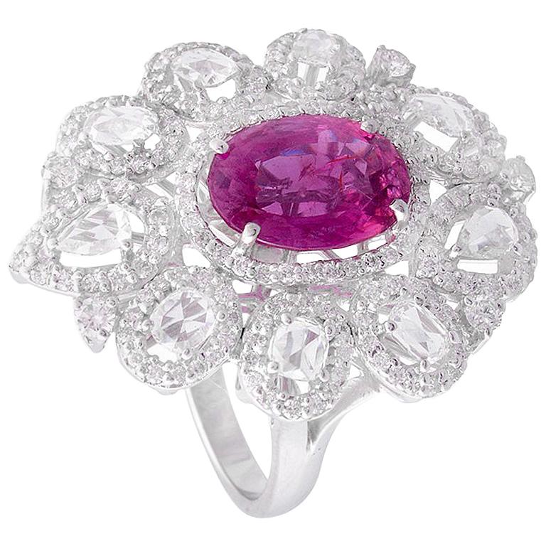 Set in 18 Karat Gold, Natural Pink Sapphire and Rose Cut Diamonds Cocktail Ring