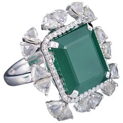 Set in 18 Karat White Gold, Natural Emerald and Rose Cut Diamonds Cocktail Ring