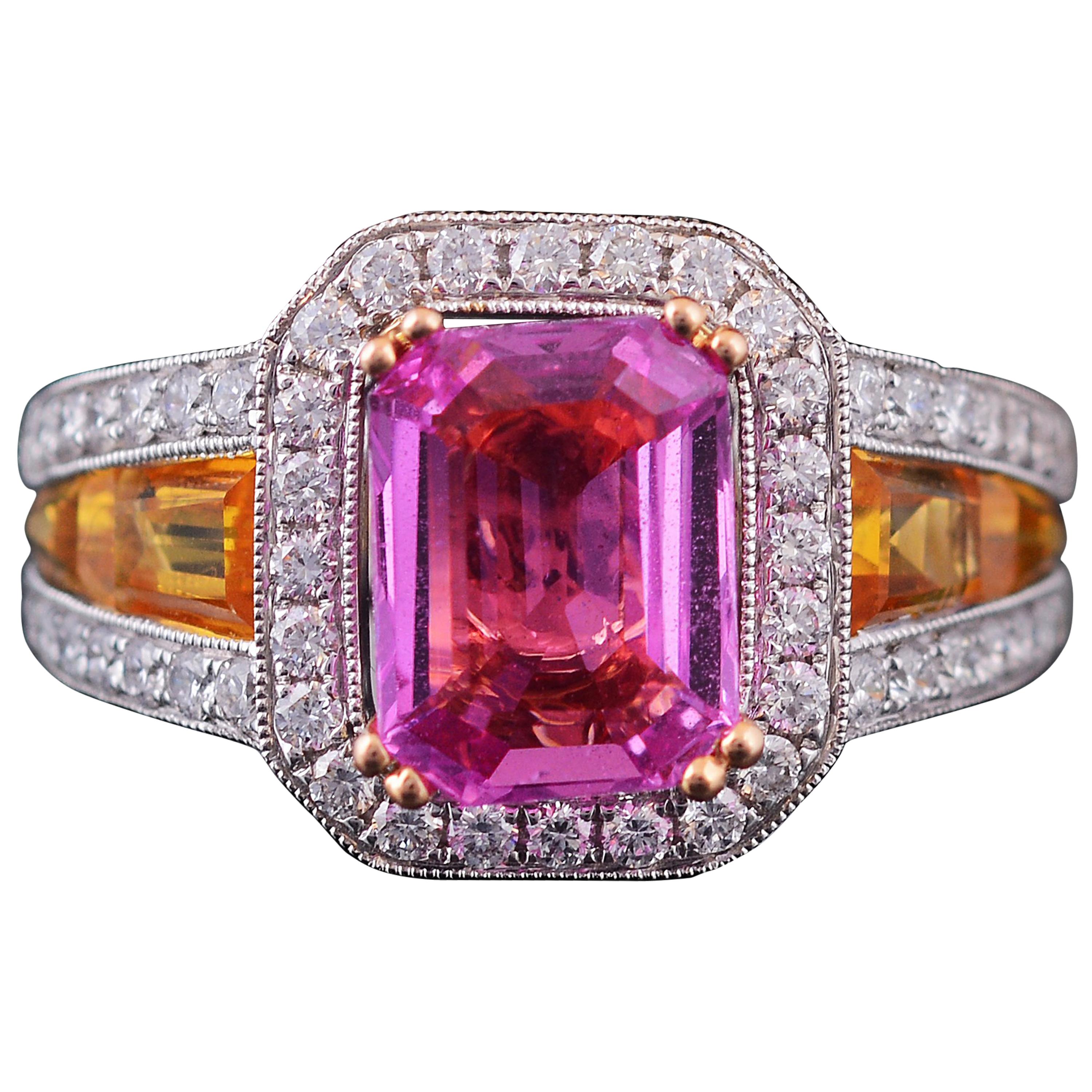 Set in 18 Karat White Gold, GRS Certified Pink and Yellow Sapphire 3-Stone Ring