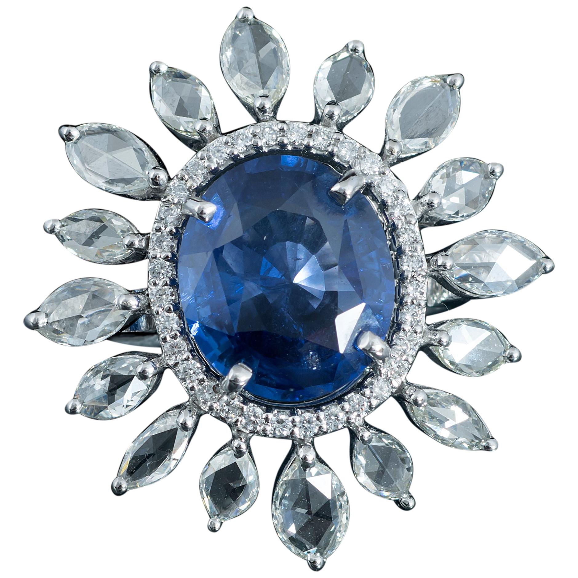 Set in 18 Karat Gold, Ceylon Blue Sapphire and Rose Cut Diamonds Cocktail Ring