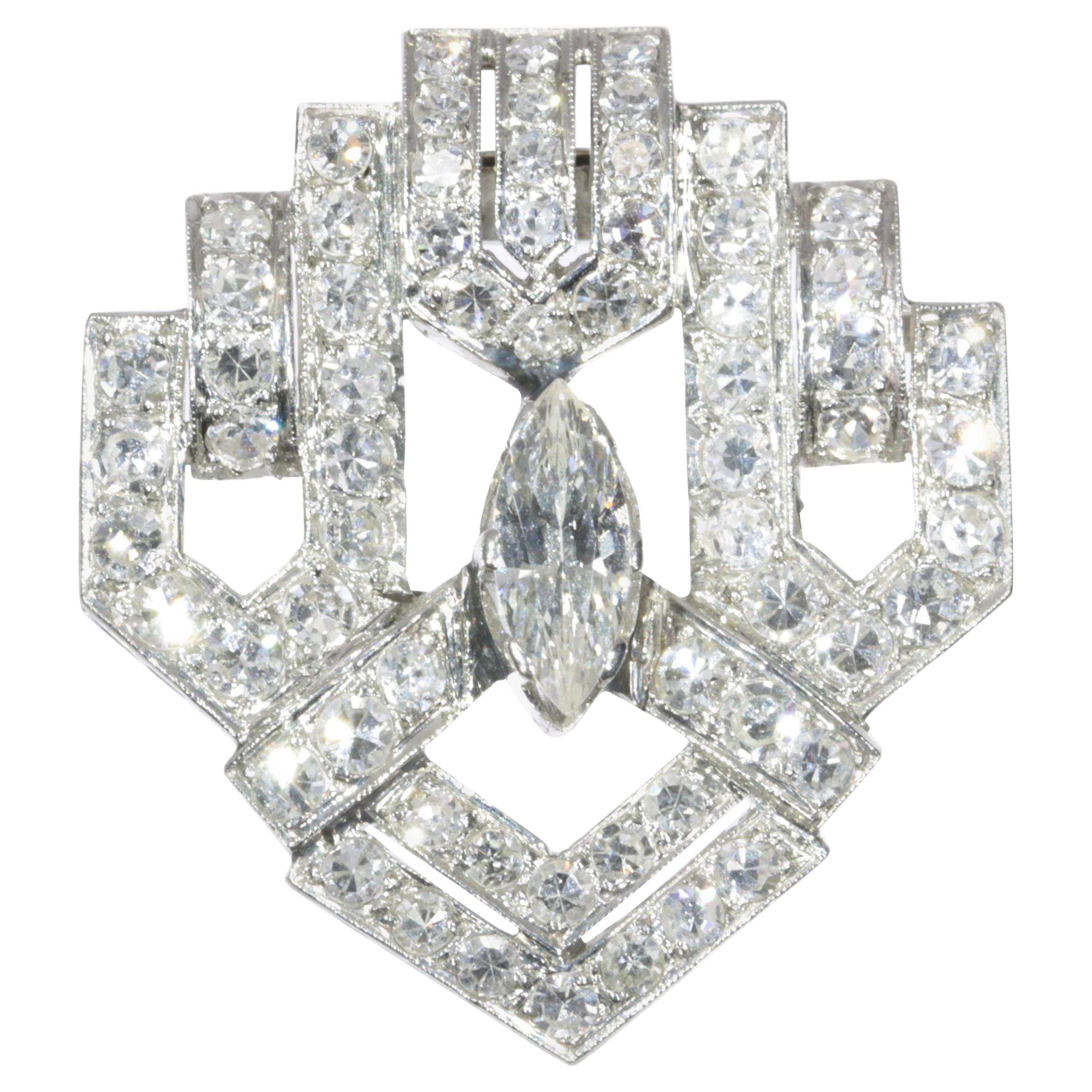 Stunning Art Deco 3.05 Carat Diamond Platinum Clip Brooch, 1930s