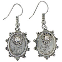 Antique Victorian Silver Earrings, Chinoiserie Pattern, Oval Drop, circa 1890s