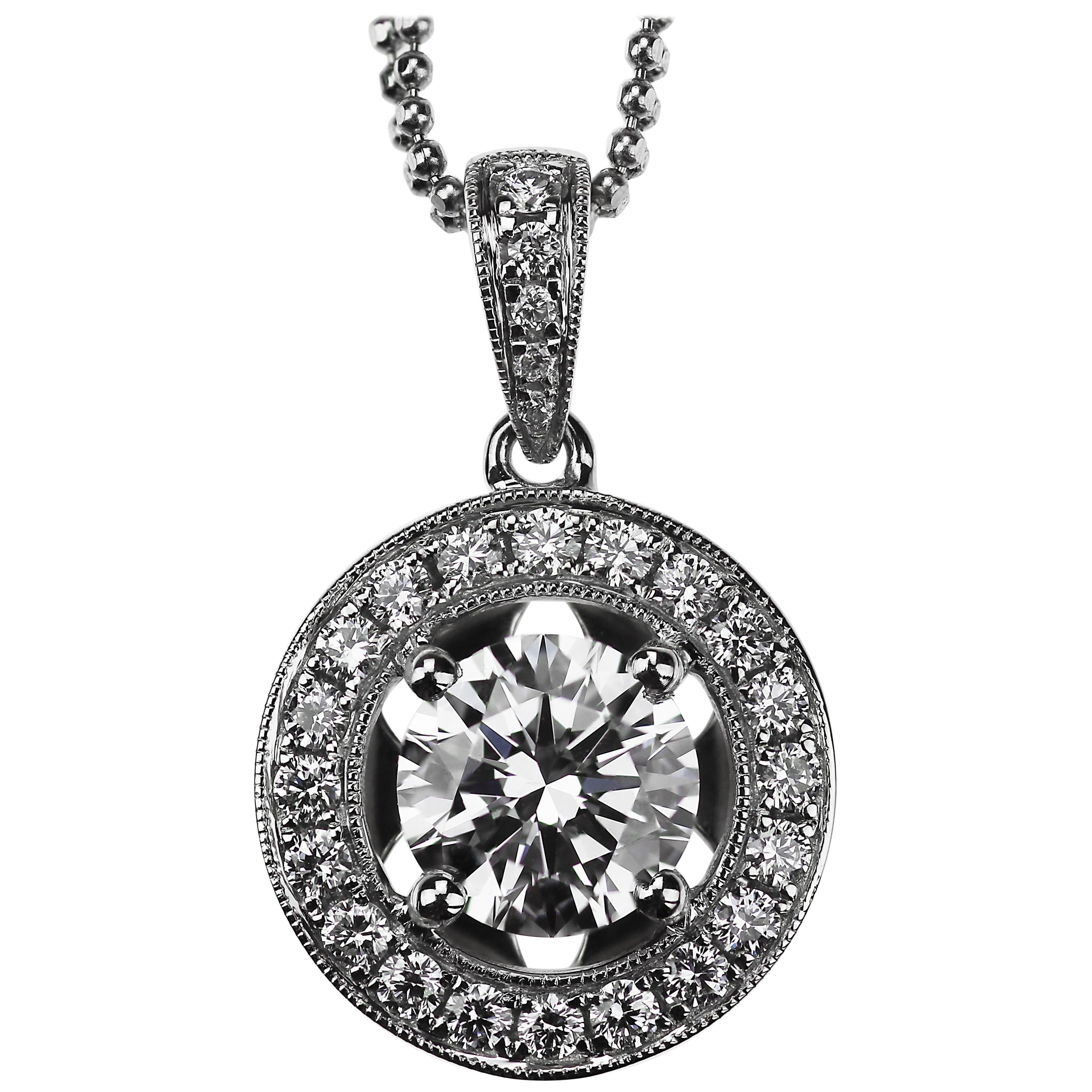 GIA Certified Diamond halo Pendant, Laser Inscribed 1.5 ct in 18K White Gold For Sale