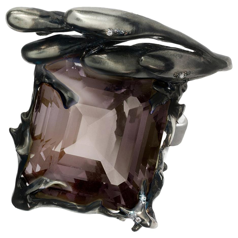 14 Karat Gold Cocktail Contemporary Ring with Smoky Quartz and Diamonds