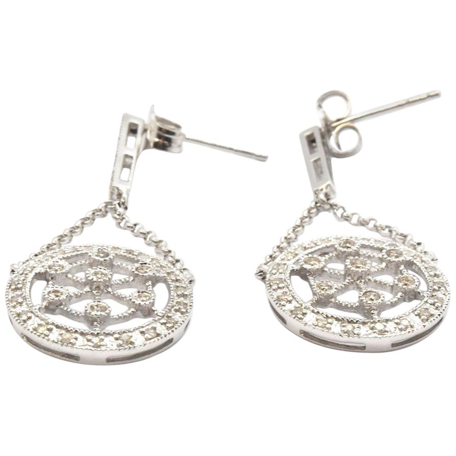 14 Karat White Gold 0.40 Carat Diamond Circle Dangling Earrings For Sale