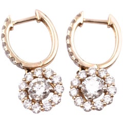 14 Karat Yellow Gold Diamond Huggies with Diamond Halo Drop