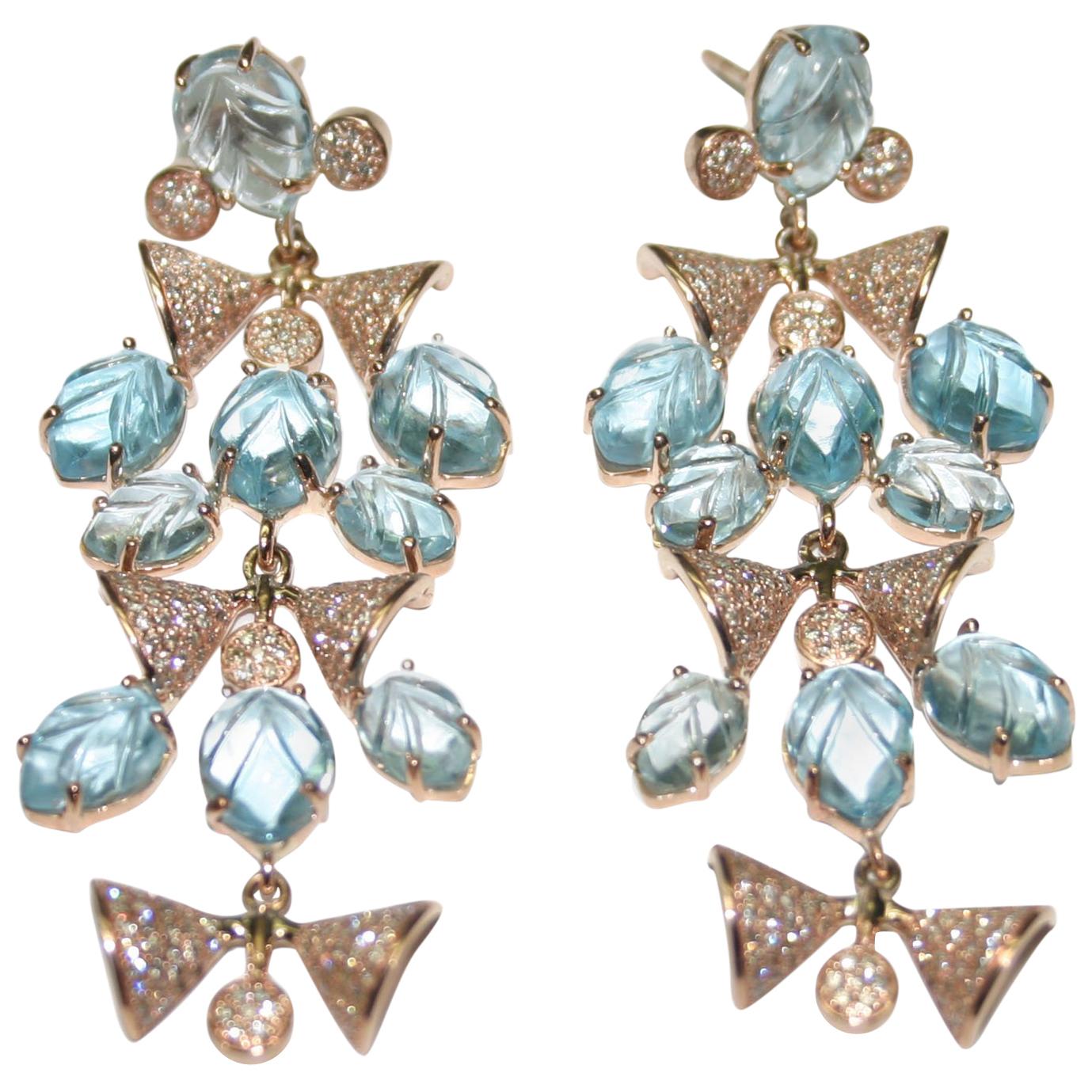 Rose Gold Aquamarine and Diamond Post Dangle Earrings For Sale