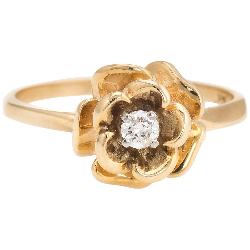 Vintage Diamond Ring Rose Flower 14 Karat Gold Estate Fine Jewelry Stacking