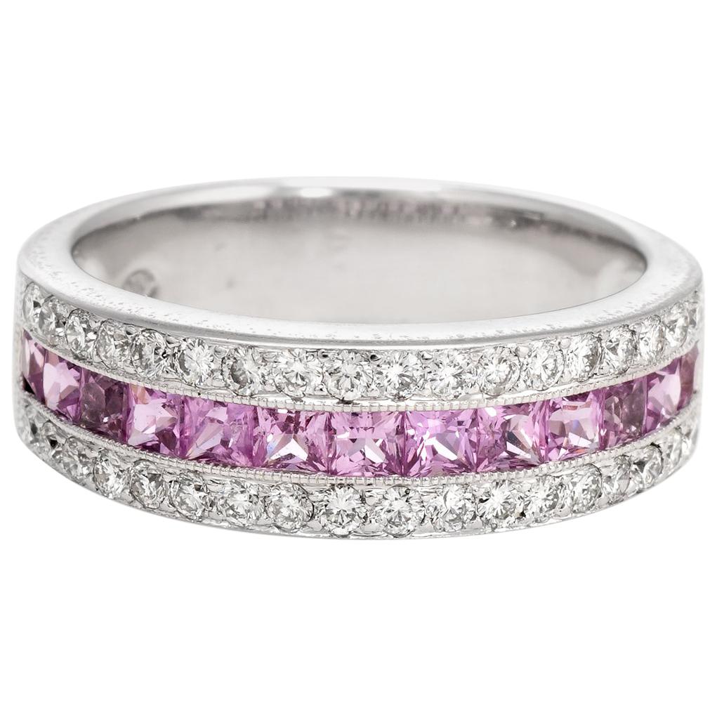 Estate Pink Sapphire Diamond Band 18 Karat White Gold Alternative Wedding Ring