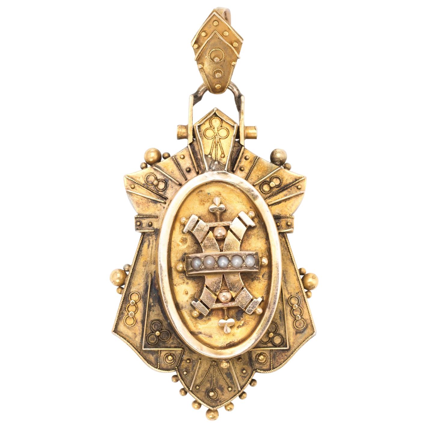 Antique Victorian Etruscan Revival Pendant Locket 14 Karat Gold Seed Pearls