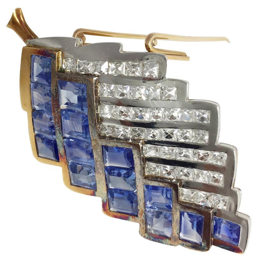 Boivin brooch Yellow Gold and Platinum Square Diamonds and Sapphires