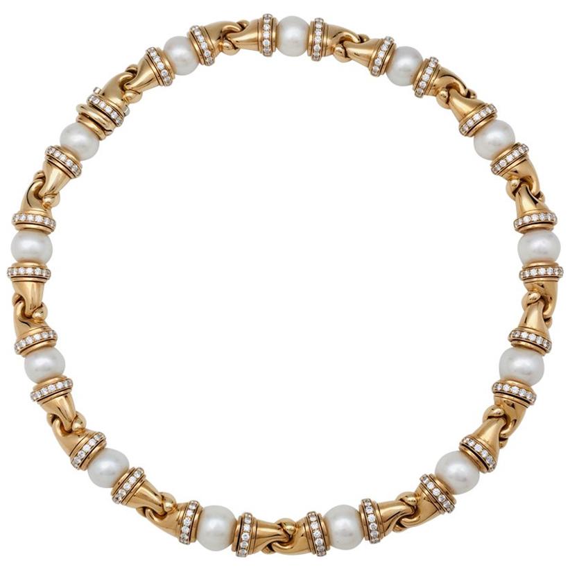 Bulgari necklace Passo Doppio collection in yellow gold, Diamonds and Pearls