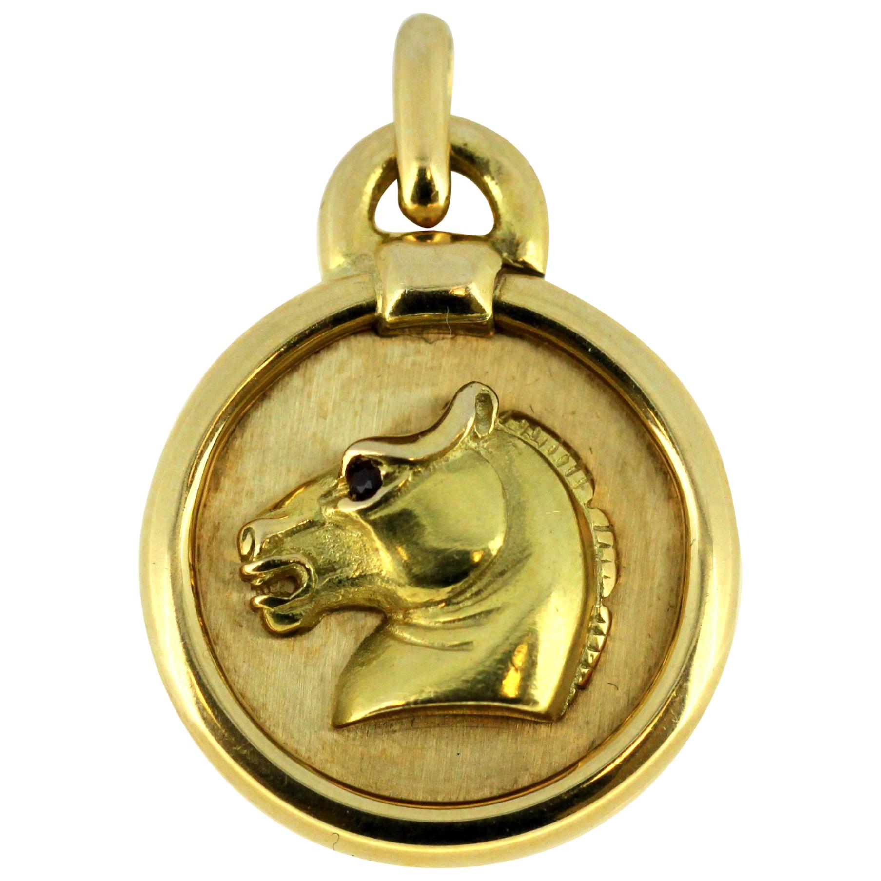 Vintage French 18 Karat Yellow Gold Horse Pendant with Ruby