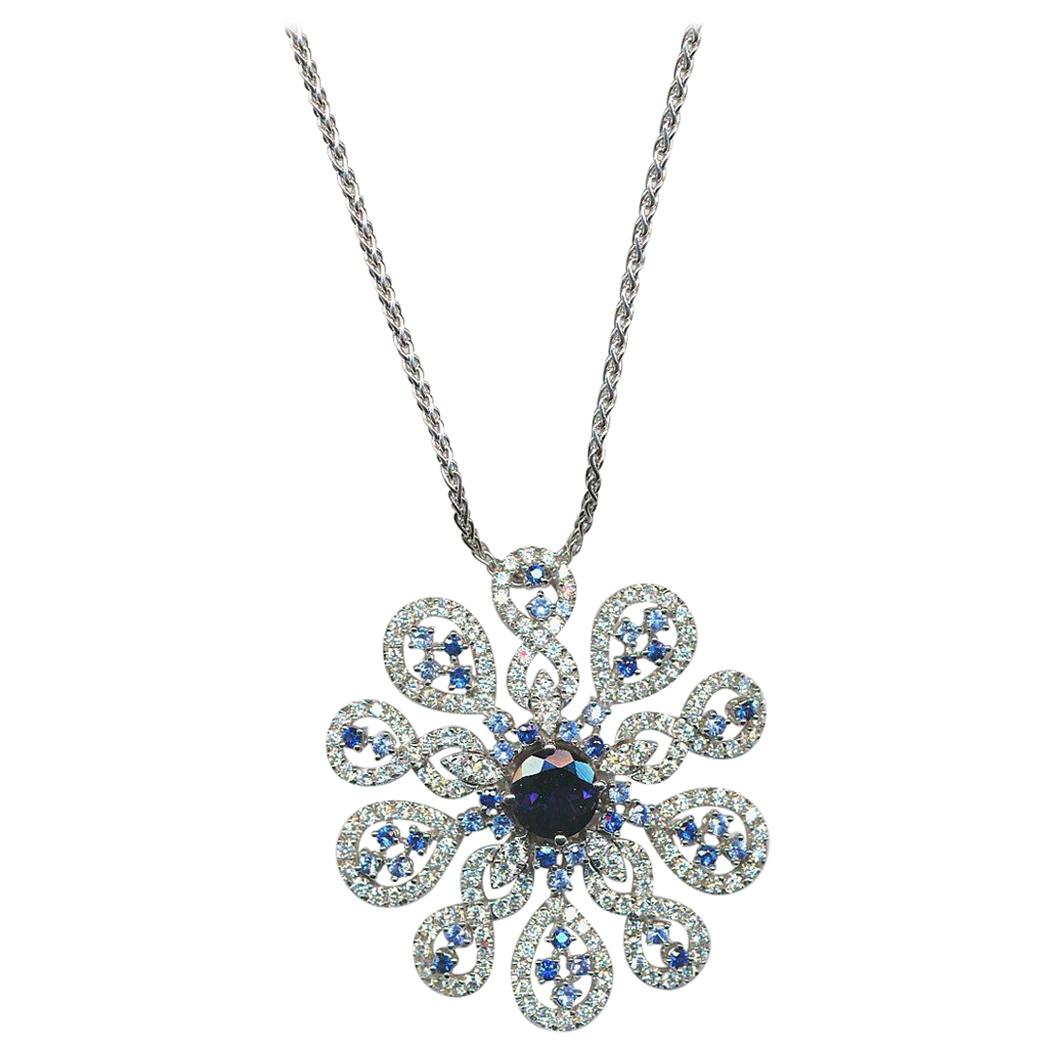 1.76 Carat Iolite 1.44 Carat Sapphires 2.93 Carat Diamonds White Gold Necklace For Sale