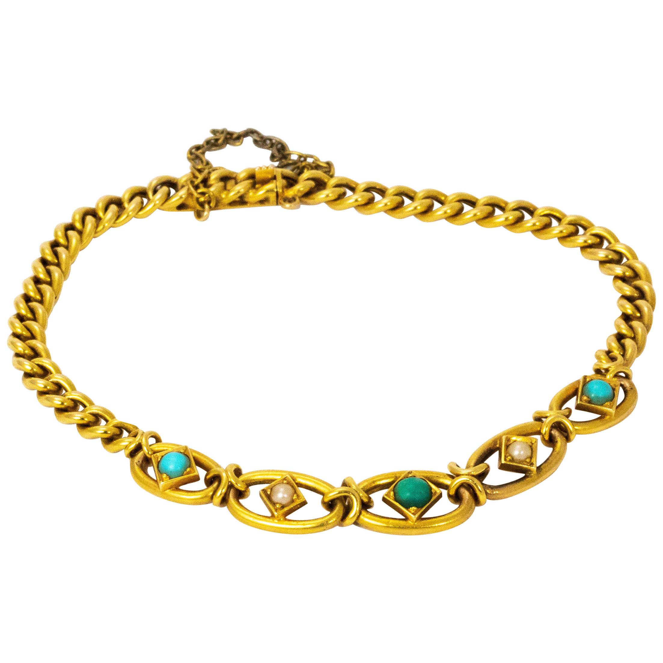 Edwardian English Turquoise and Pearl 15 Carat Gold Bracelet For Sale