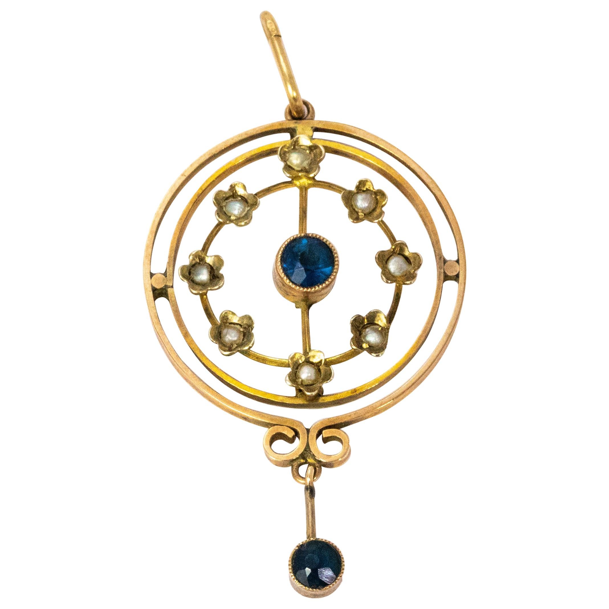 Edwardian 9 Carat Gold Sapphire Pearl Pendant