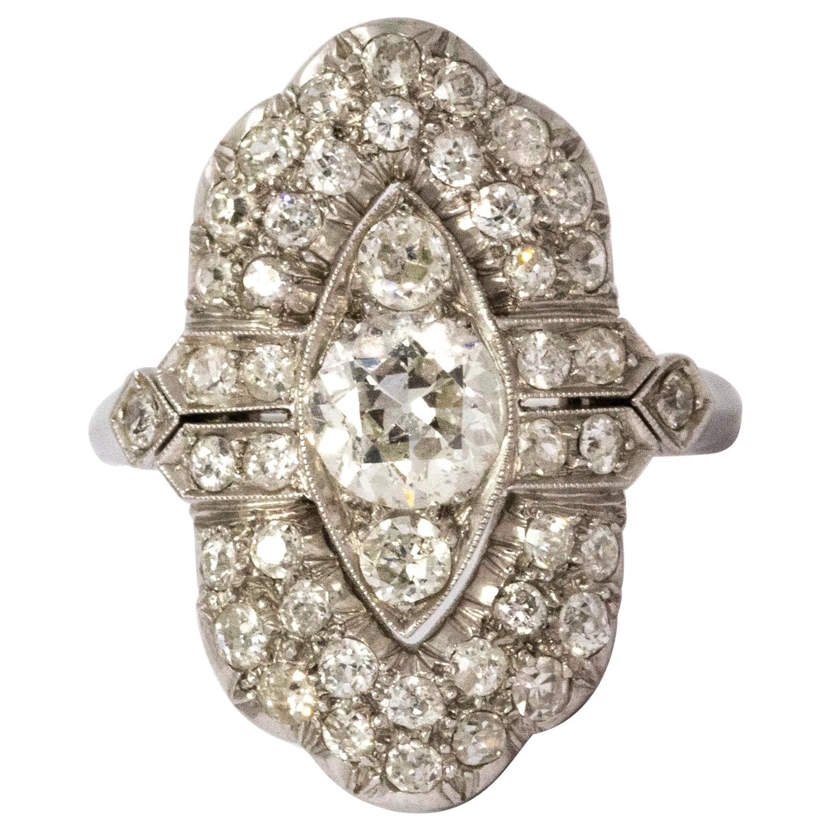 Art Deco Diamond Platinum Panel Ring