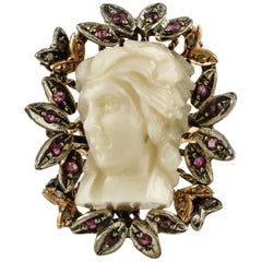 Vintage Diamonds, White Coral, Rubies Rose Gold and Silver Ring