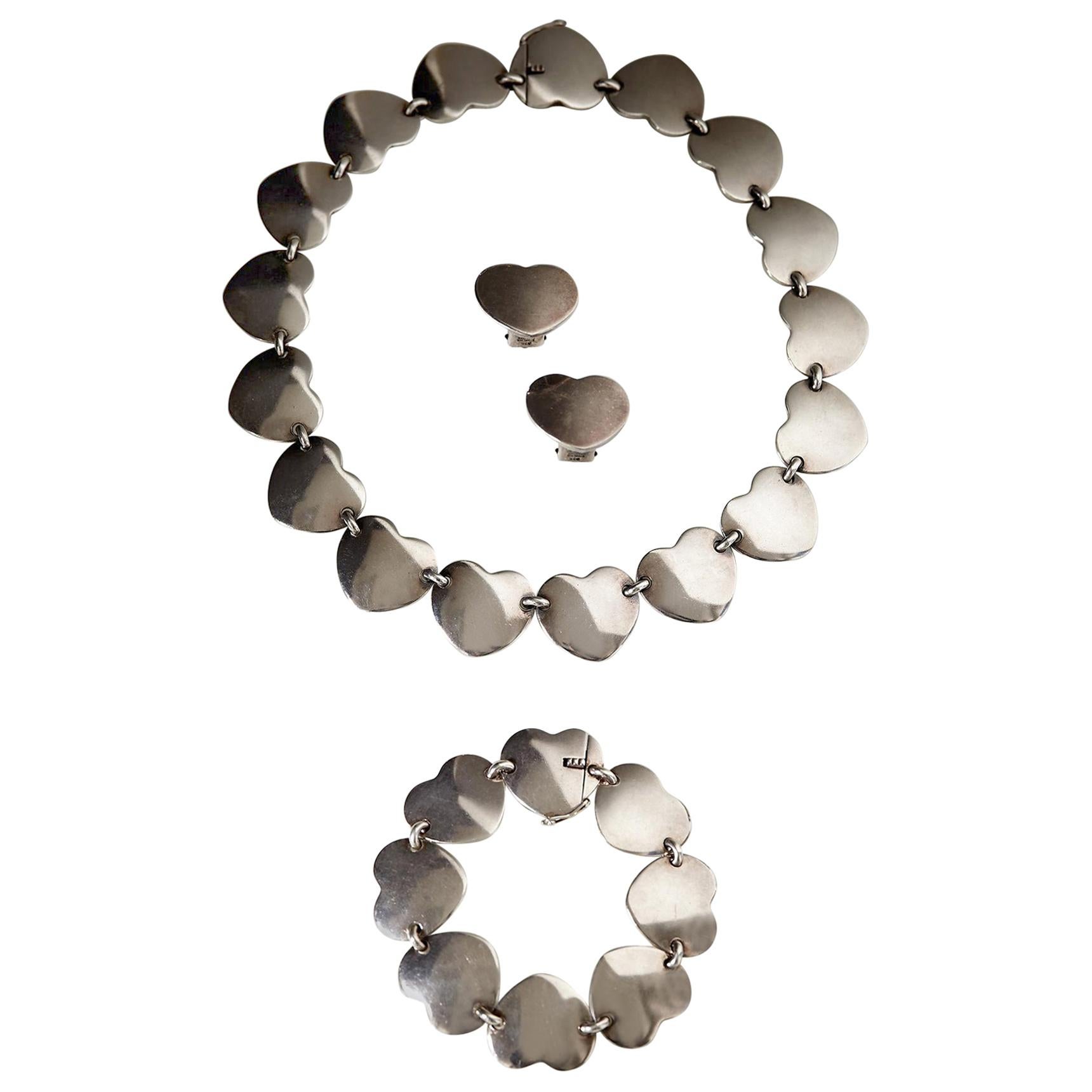 1950s Scandinavian Modern Sterling Silver Heart-Shaped Jewellery Set, Denmark