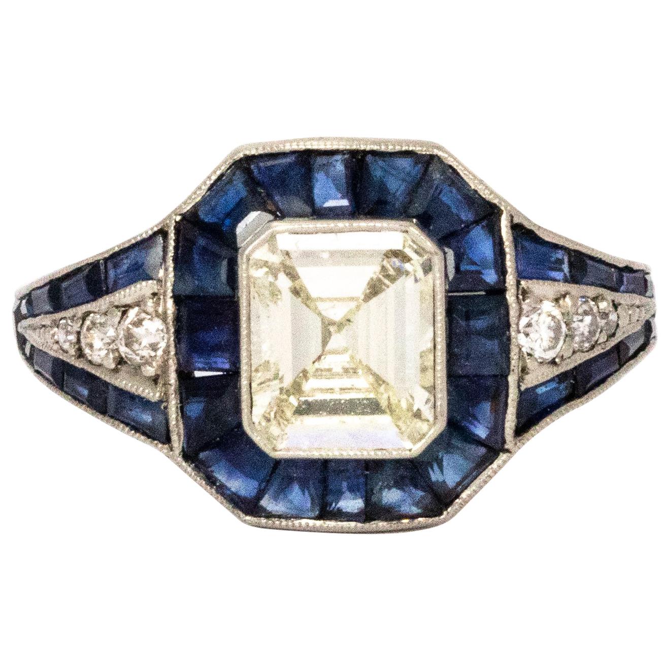 Certified Art Deco Sapphire and Diamond Platinum Ring